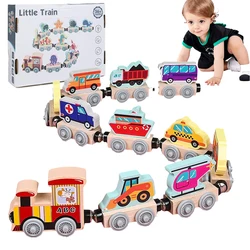 Montessori Magnetic Wooden Train Toys Early Educational Cognition Color Toy Learning Cars Animal Fruits Puzzle Train Set For kid