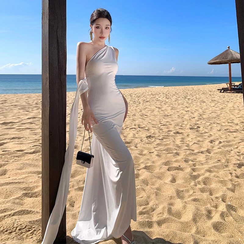 Ancient Greek Goddess One-Shoulder Asymmetrical Neck Ribbon Knitted Dress Hollow Pleated Dopamine Vacation Beach Dress