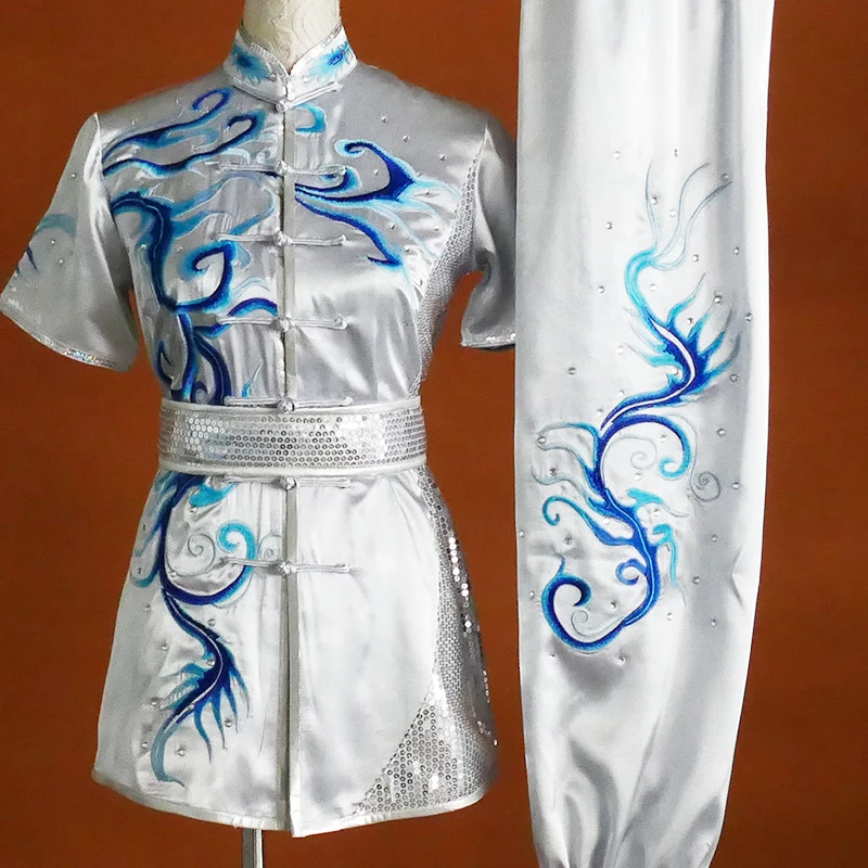 Luxury Embroidered Wushu Uniform Changquan Kung Fu Competition Suit Auspicious Cloud Performance Costume Faux Silk Silver Custom