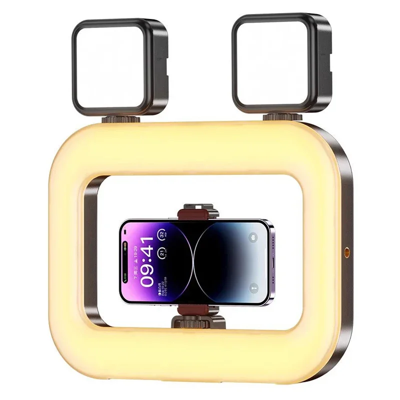 Anillo de luz LED recargable portátil con trípode y brazo largo para transmisiones en vivo, fotografía y selfies.