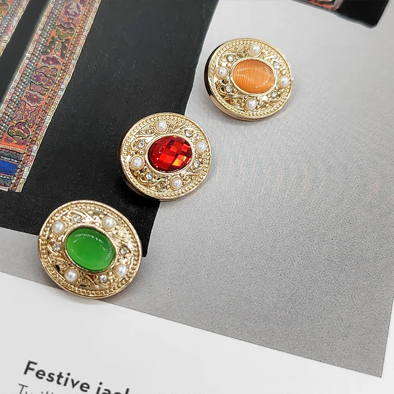18MM Vintage Cat Eyes Luxury Rhinestone Pearl Beaded Shank Buttons Of Clothing High Quality Fashion Metal Button For Women Coat