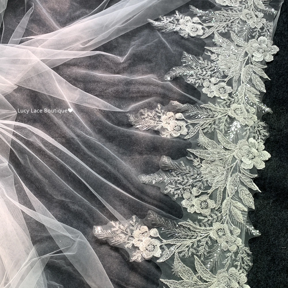 38CM Wide Ivory Beaded Lace Trim Sewing on Embroidery Wedding Lace Trimming 1 Yard