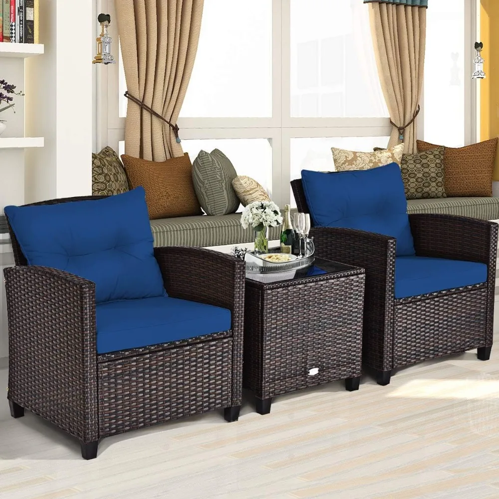 

3 Pieces Patio Furniture Set,w/Washable Cushion and Tempered Glass Tabletop, Conversat, PE Rattan Wicker 3 Pcs Outdoor Sofa Set