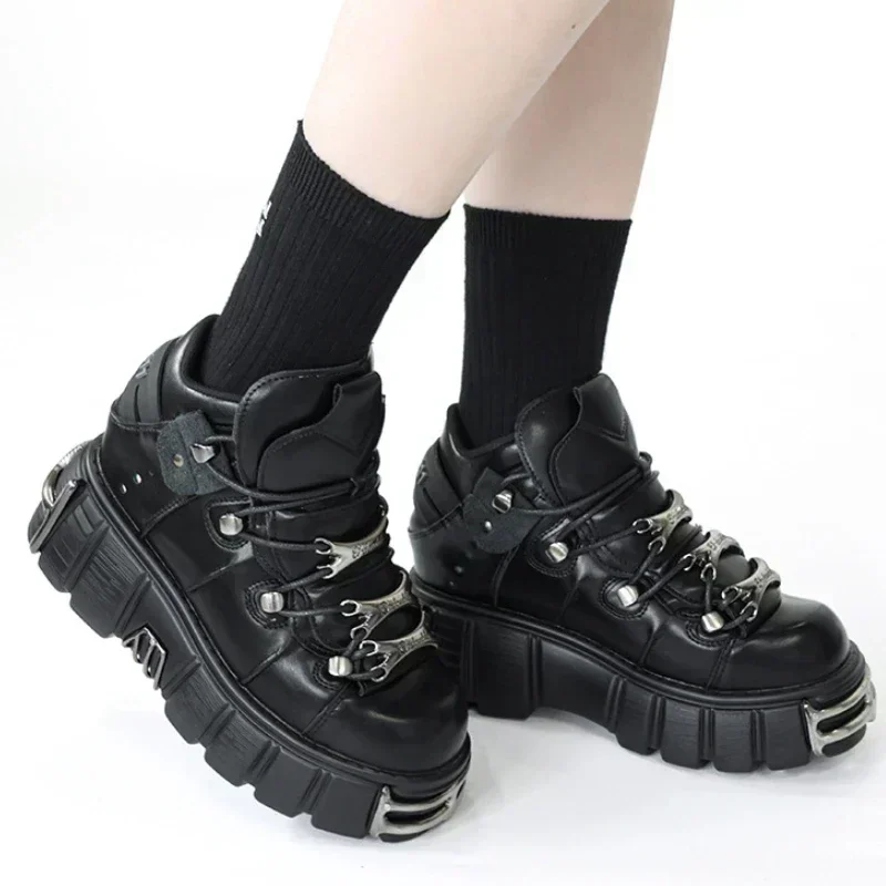 2024 NEW Punk Style Women Shoes Lace-up heel height 6CM Platform Shoes Woman Gothic Ankle Rock Boots Metal Decor Woman Sneakers