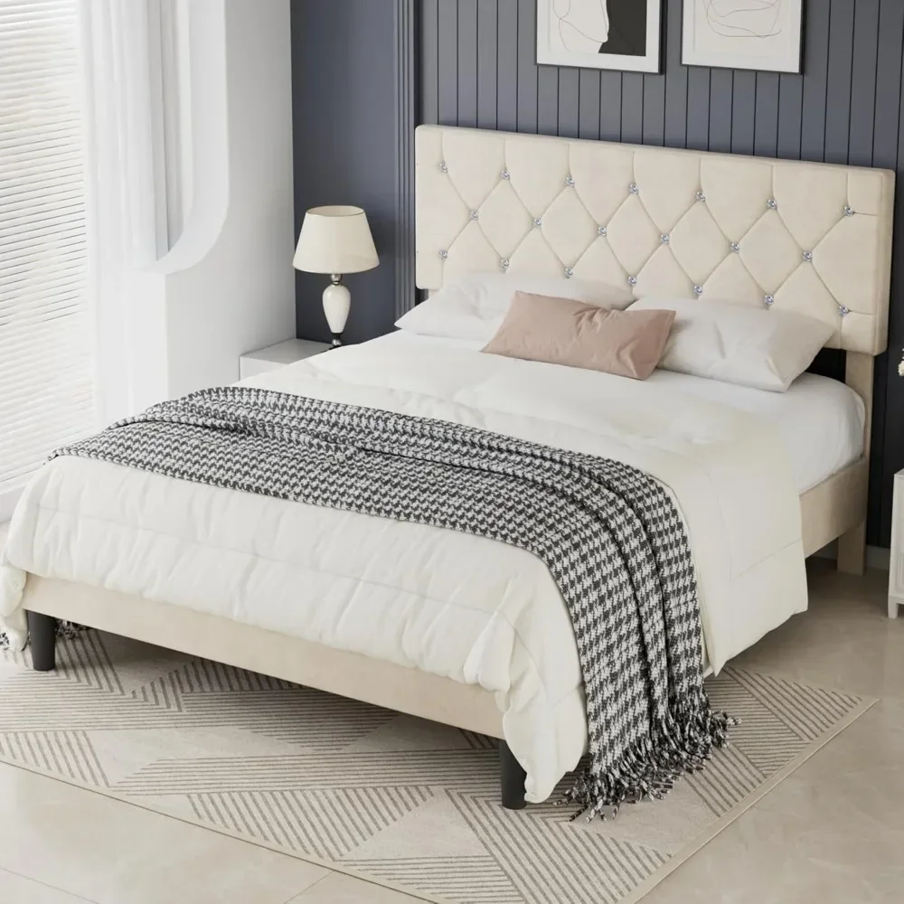 إطار سرير بحجم كوين، منصة منجدة مع لوح رأسي معنقدة ماسي قابل للتعديل، دعم شريحة خشبية، لا حاجة إلى صندوق زنبركي