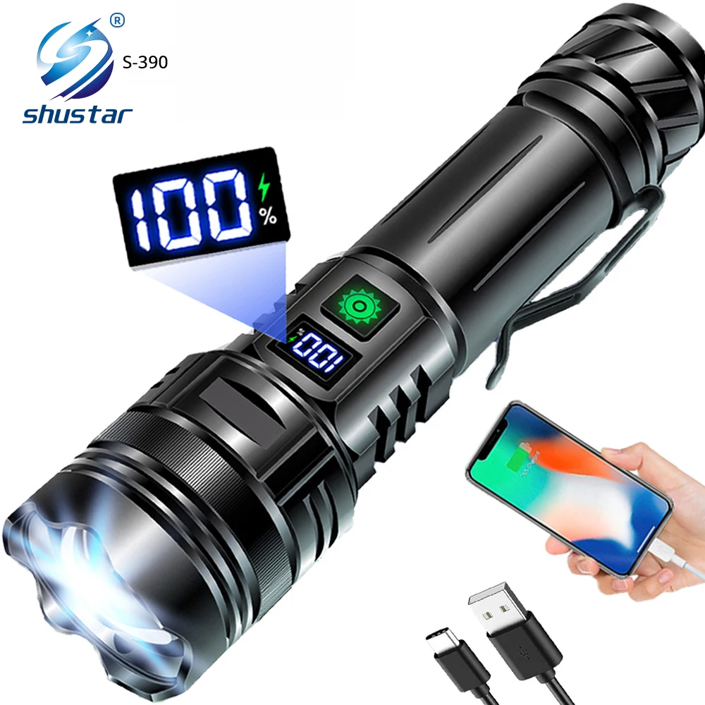 

Waterproof Zoom LED Flashlight High Power 30W Torch with Power Display Screen Spotlight USB Rechargeable 26650 Camping Lantern