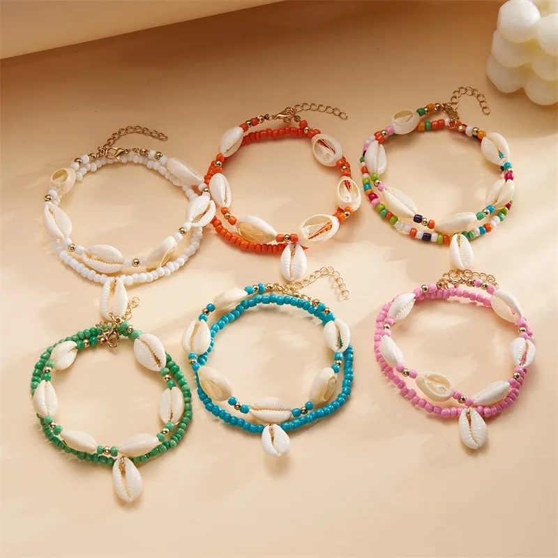 Bohemia Shell Charms Beaded Anklets 2 Pcs Handmade Summer Beach Shell Seed Beads Chain Anklet Set Weaved Sea Shell Foot Anklet