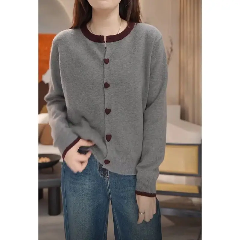 

Loose Korean Style Knitted Cardigan Heart Button Color Block Neck round Sweater Autumn New Fashion Casual Versatile Top
