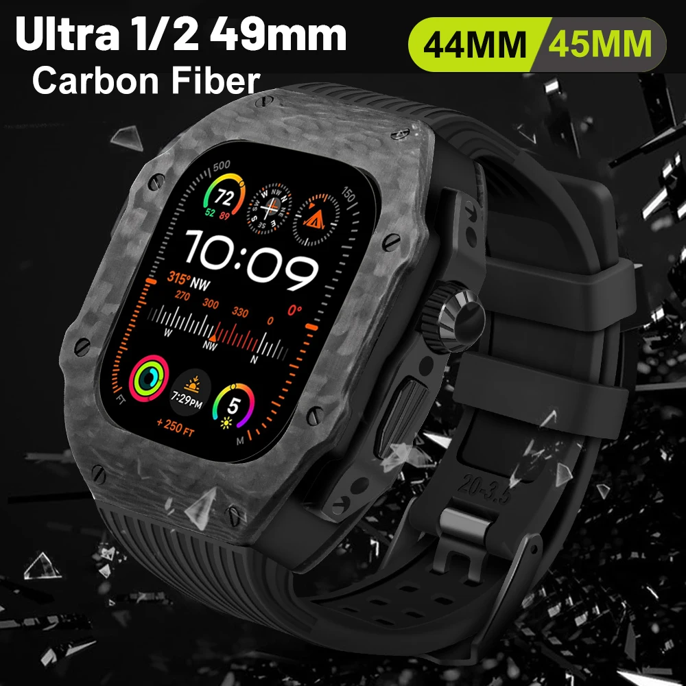 Luxury Carbon Fiber Case Modification Kit for Apple Watch Ultra 2 49mm 44mm 45mm Case Fluororubber Strap Iwatch 9 8 7 6 SE 5 Mod