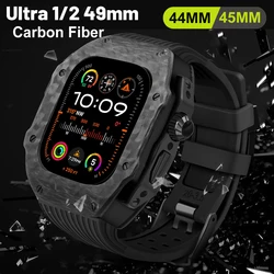 Luxury Carbon Fiber Case Modification Kit for Apple Watch Ultra 2 49mm 44mm 45mm Case Fluororubber Strap Iwatch 9 8 7 6 SE 5 Mod