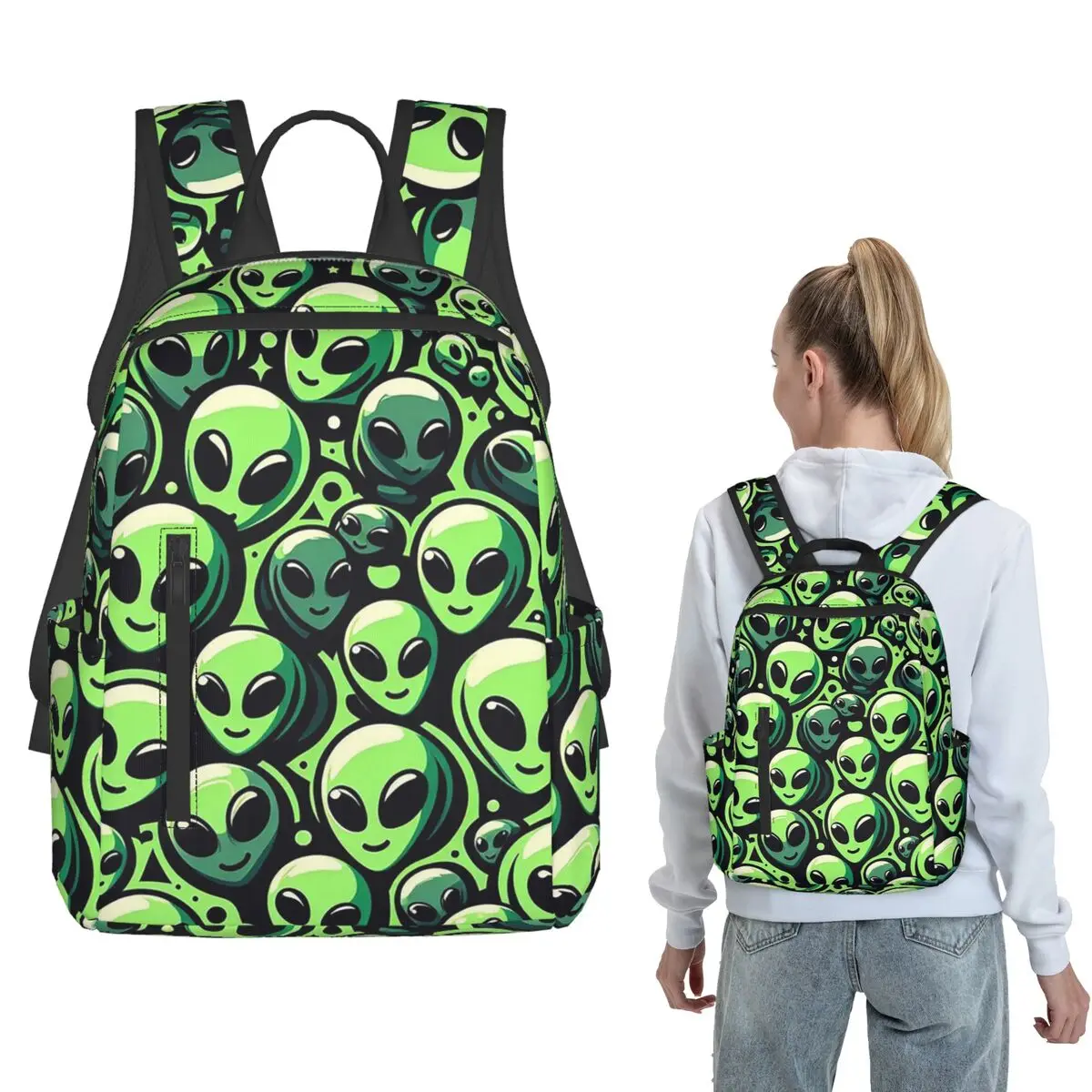 

Green Alien UFO And Moon Pattern Backpack Large Capacity Kids BookBag School Bag Shoulder Bags for Men Women