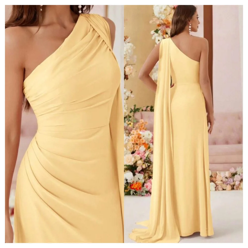 تخصيص الرسمي الأصفر جيرسي مساء اللباس أزياء قارب الرقبة أكمام حزب اللباس مزاجه الطابق طول فساتين المشاهير #2