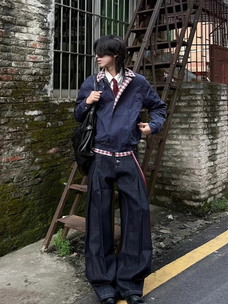 

Мужская куртка-стойка в клетку с воротником-стойкой, осенняя повседневная верхняя одежда из полиэфирного волокна с длинной застежкой-молнией