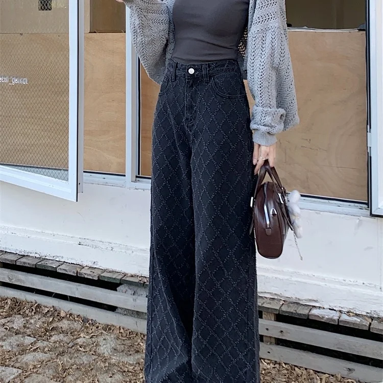 

High Waist Straight Leg Denim Wide Leg Pants Fashionable Sexy Girl Design Sensation Lattice Embroidery Slimming Long Pants
