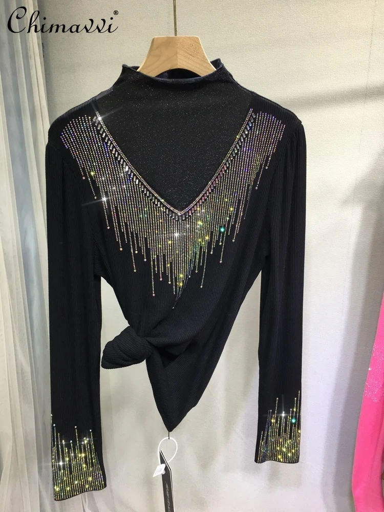 

European Heavy Rhinestone Thickened Base Shirt Autumn and Winter New Fashion Half Turtleneck Top Patchwork Black Sweater Women