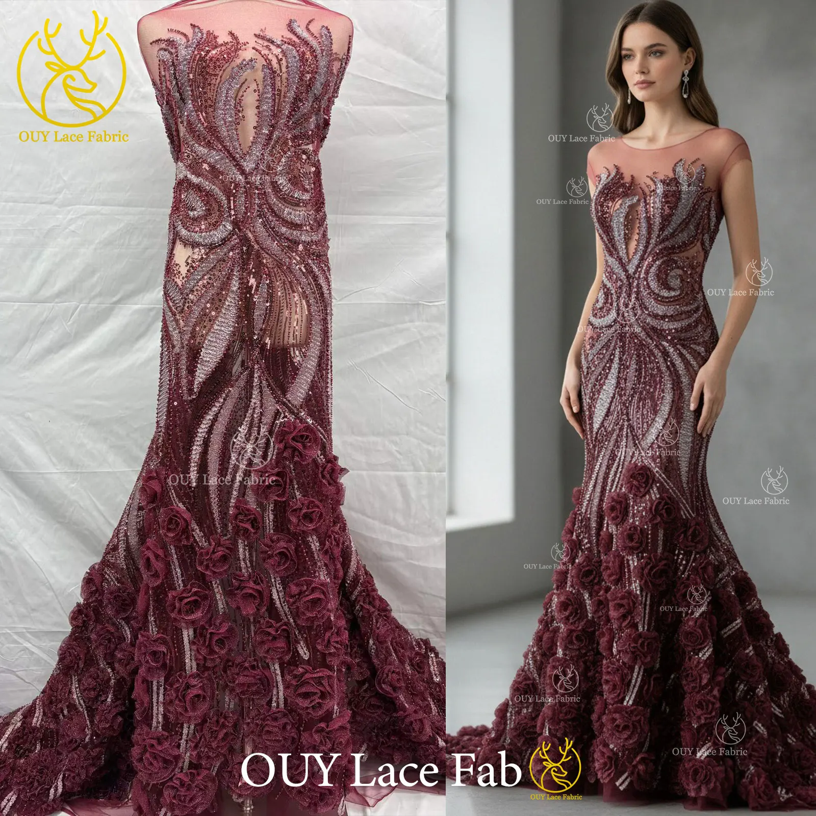 

Latest French Exquisite 3D Flower Tulle Lace High Quality African Sequins Beaded Lace Fabric Nigerian For Wedding Dress Sewing