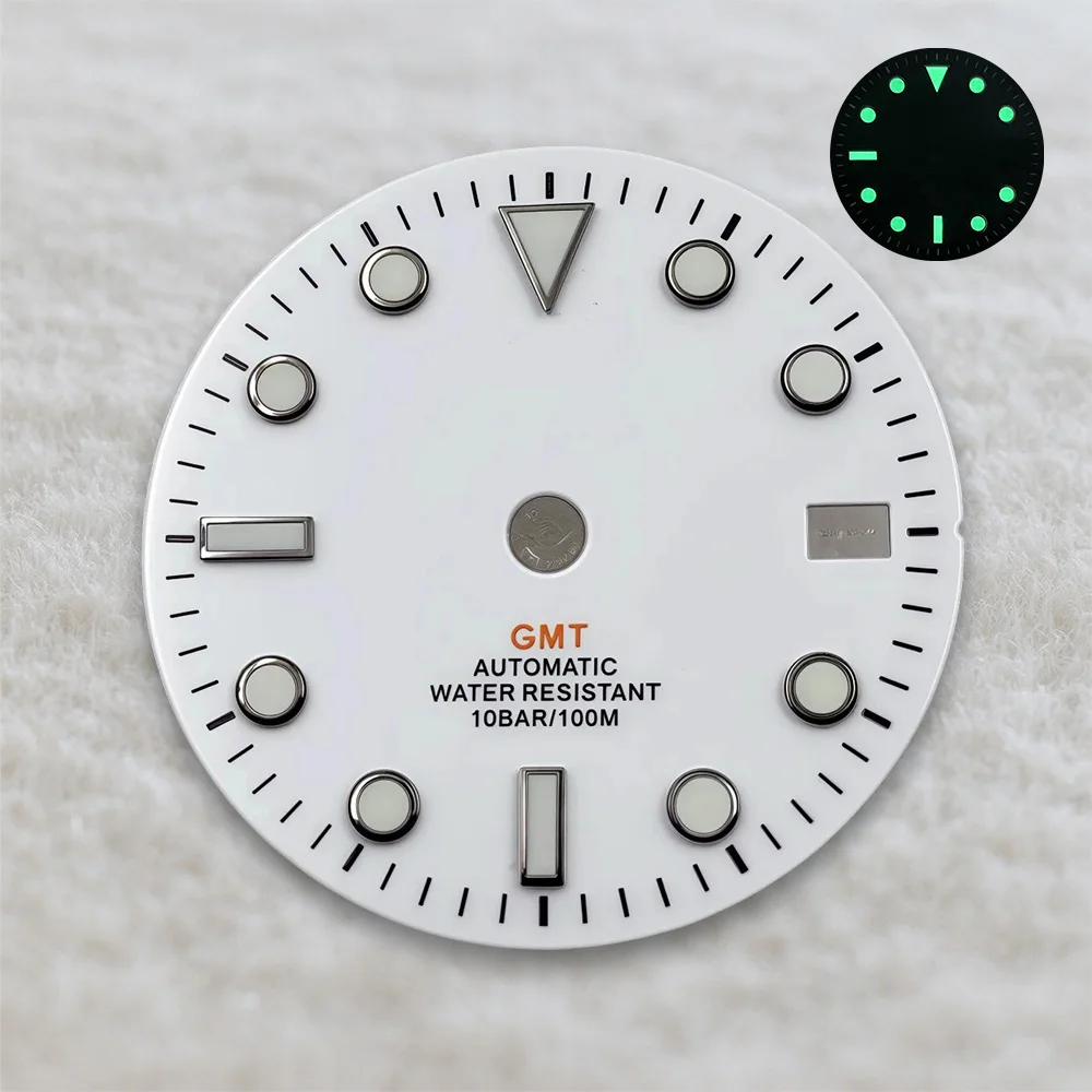 28.5mm S Logo GMT Dial Fit NH34 Movement Green Luminous Sunray Black Dial Watch Modification Accessories