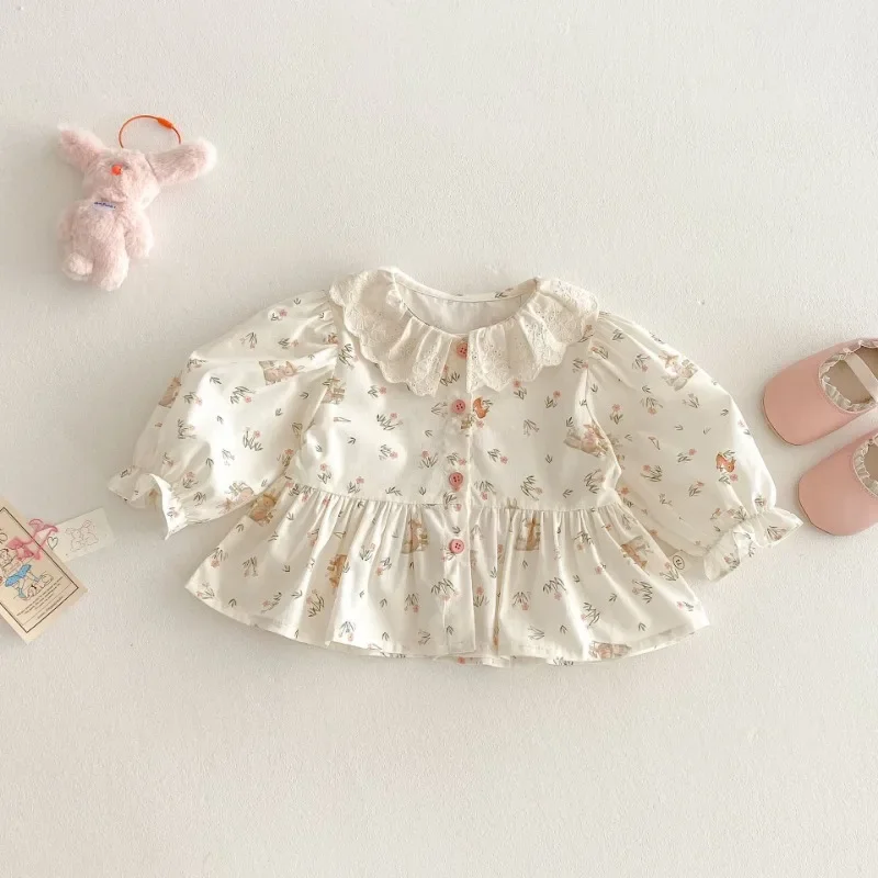 Cute Girls Sping Shirt 2025 Korean Children's Lace Collar Long Sleeve Blouses 0-5T Kids Casual Outwear Tops