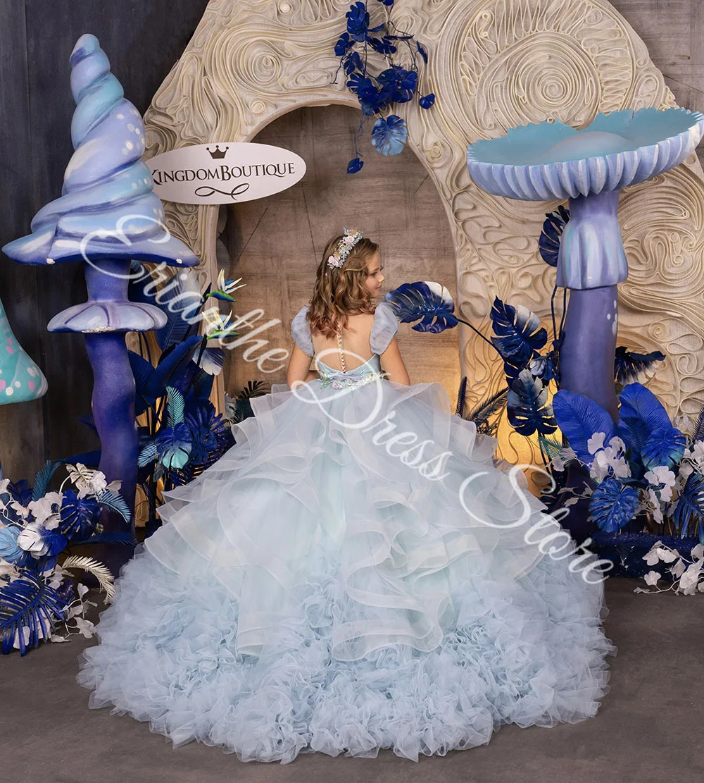 Robe de demoiselle d'honneur pour mariage, bleu clair, en Tulle, bouffante, avec des appliques superposées, pour fête d'anniversaire pour enfants, robes de bal de première Communion personnalisées