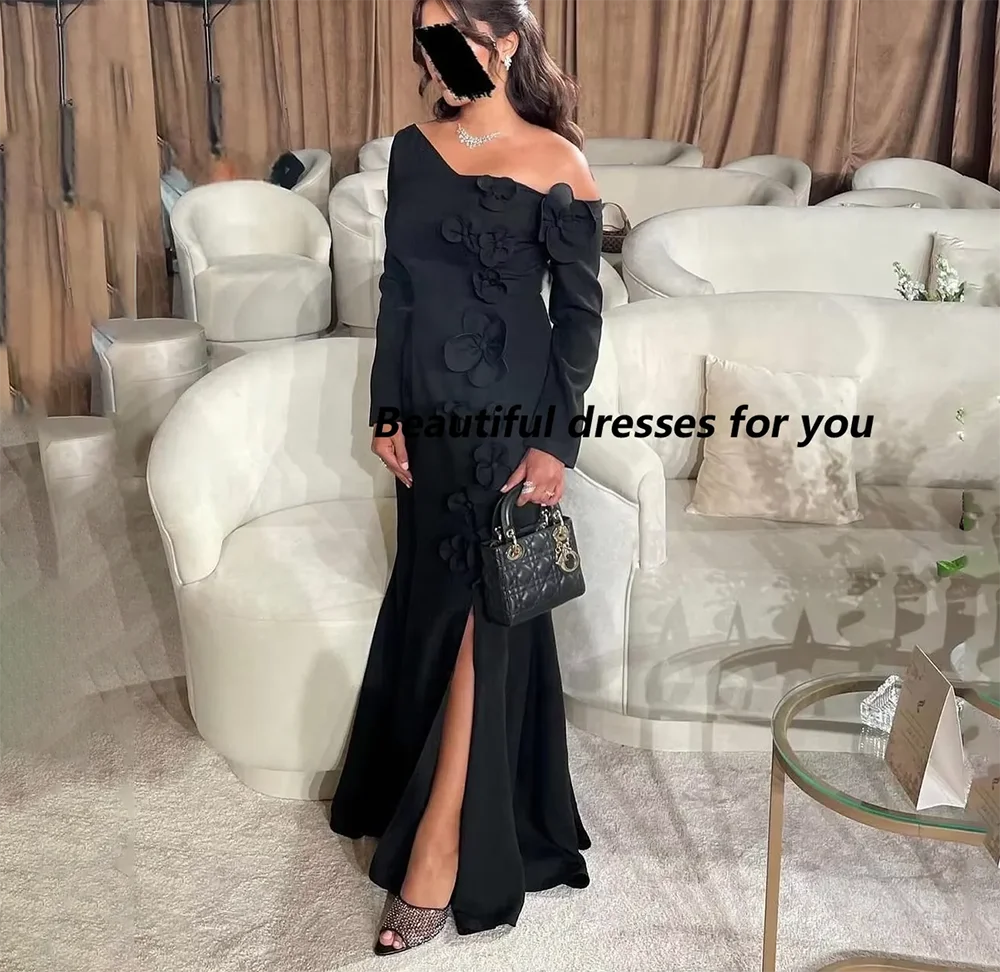 

Черное вечернее платье по индивидуальному заказу с открытыми плечами и длинными рукавами Вечерние платья Плиссированные цветы Русалка длиной до пола, платье для выпускного вечера 2025