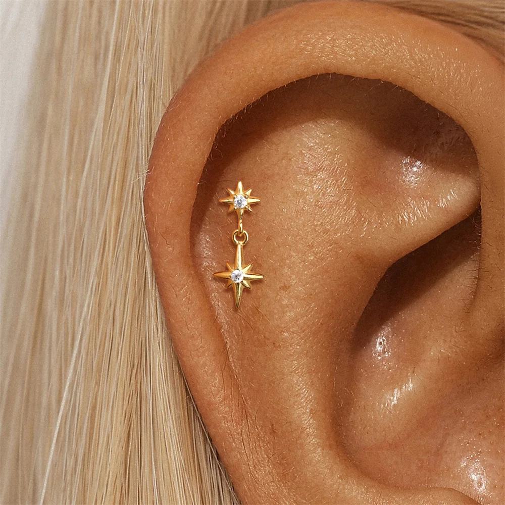 AIDE 925 Sterling Silver Shiny Octagonal Star Tassel Pendant for Women Cartilage Helix Flat Back Piercing Hypoallergenic Earring