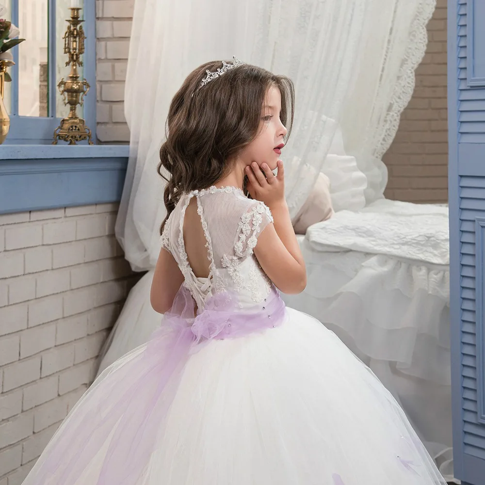 Applique Flower Girl Dress For Wedding Lace White Floor Length With Bow Kids Birthday Ball Gowns First Communion Dress