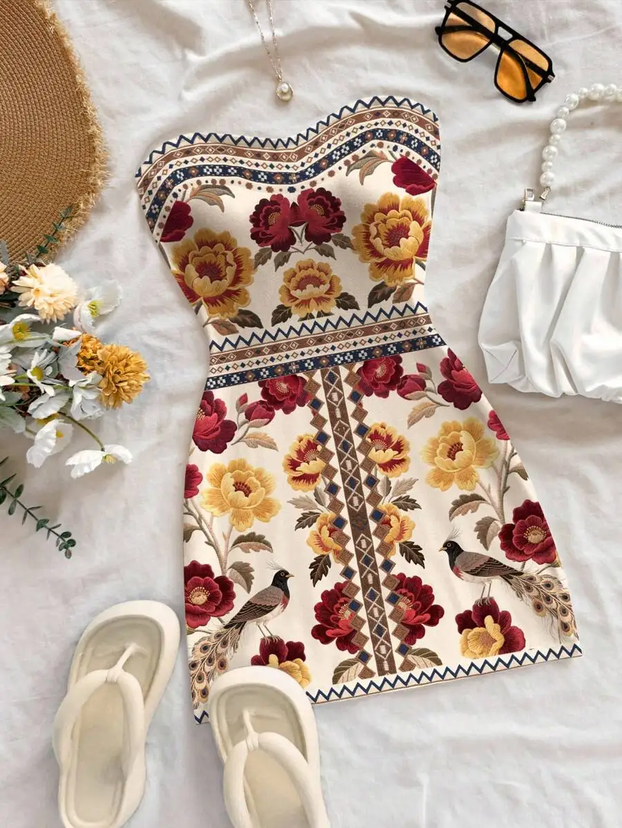 

Women's Floral Bird Print Bandeau Mini Dress, Bohemian Style Vacation Dress