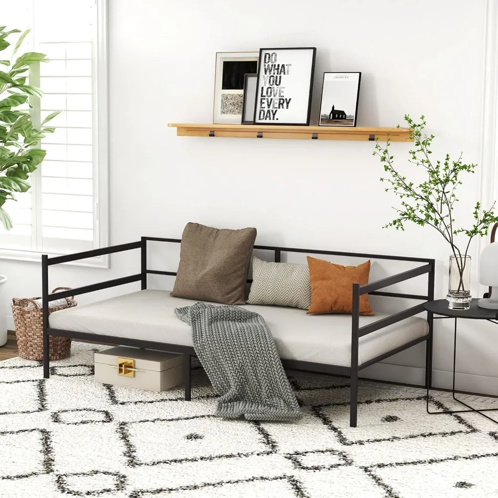 

Metal Daybed Frame, Twin Size Platform Bed with Guardrail, Dual-Purpose Sofa Bed Frame with Sturdy Metal Slats, Mattress Founda