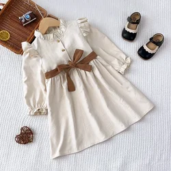 Autumn Plain Long Sleeved Stand Collar Tied Dress Solid Color Kids Dresses for Girls Daily Casual Clothes 3-7 Years Old