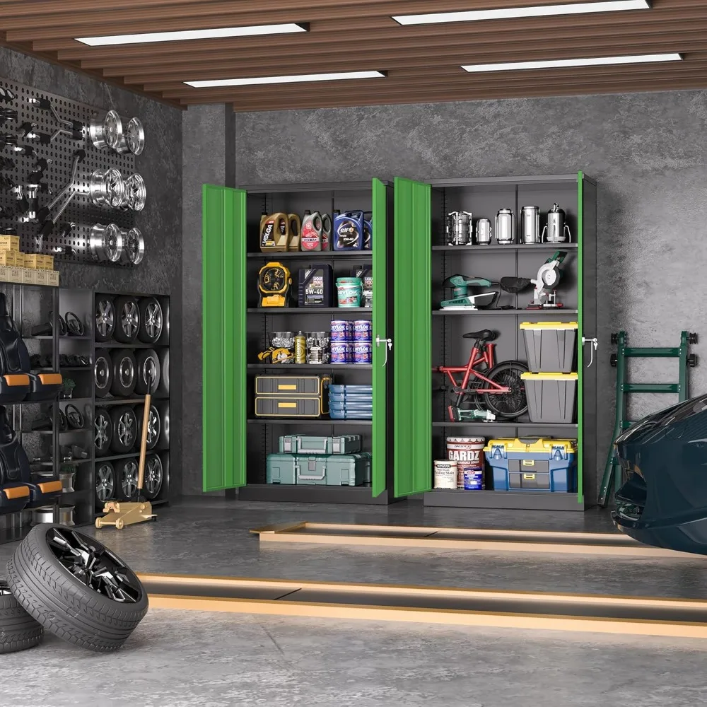 Armadietto portaoggetti da garage in metallo nero alto 72 pollici con 4 ripiani, porte chiudibili, ideale per riporre utensili e attrezzature