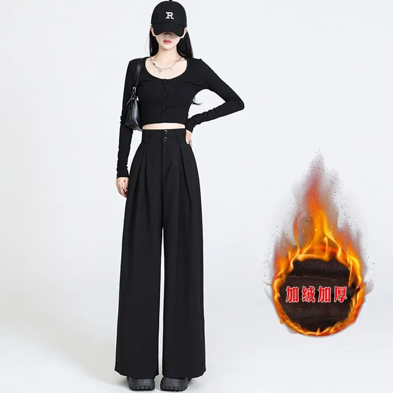 

New autumn and winter black minimalist design suit pants, high-waisted fashionable wide-leg casual pants for women