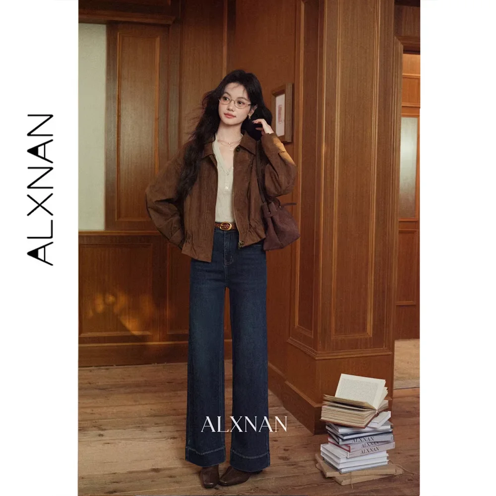 ALXNAN Women's Dark Blue High Waist Straight Wide Leg Jeans Vintage Draped Versatile Commuter Autumn 2026 L68597