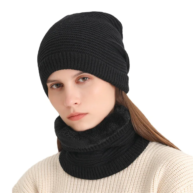 2pcs Set Winter Men Women Pullover Hat Scarf Suit Plus Velvet Fleece Lined Children Thick Warm Beanies Hat Male Knitted Hat Caps