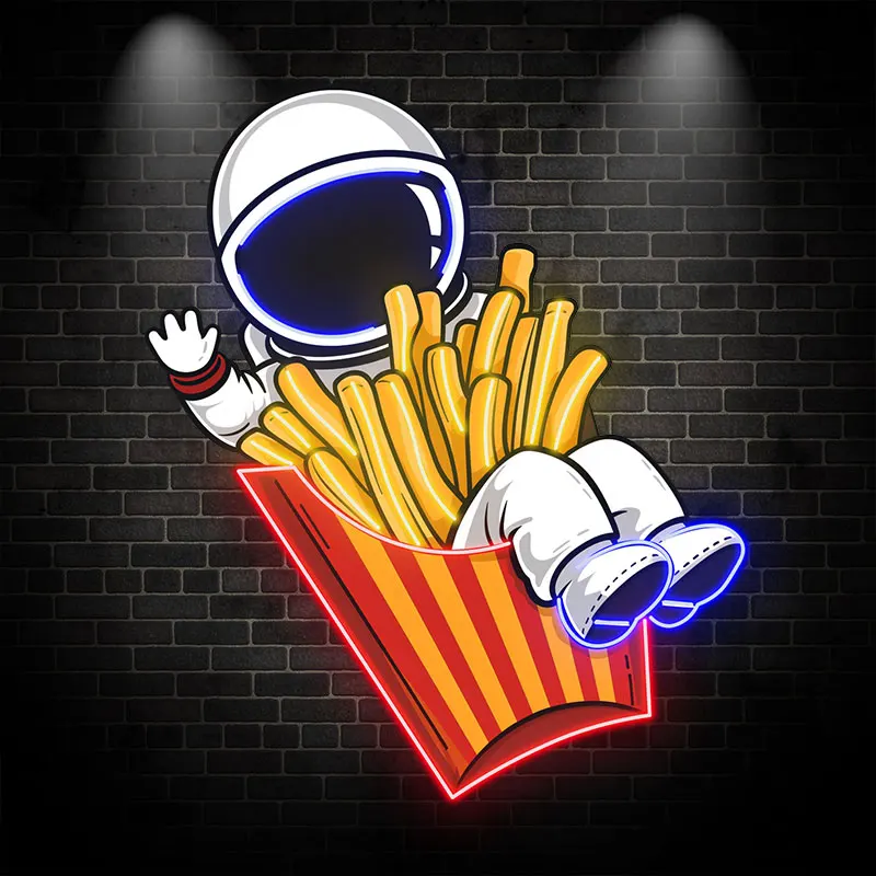 Spaceman Sitting in French Fry Box LED Neon signs, Spiced French Fries Creative Decorative Lights, Fun Home & Shop Lighting