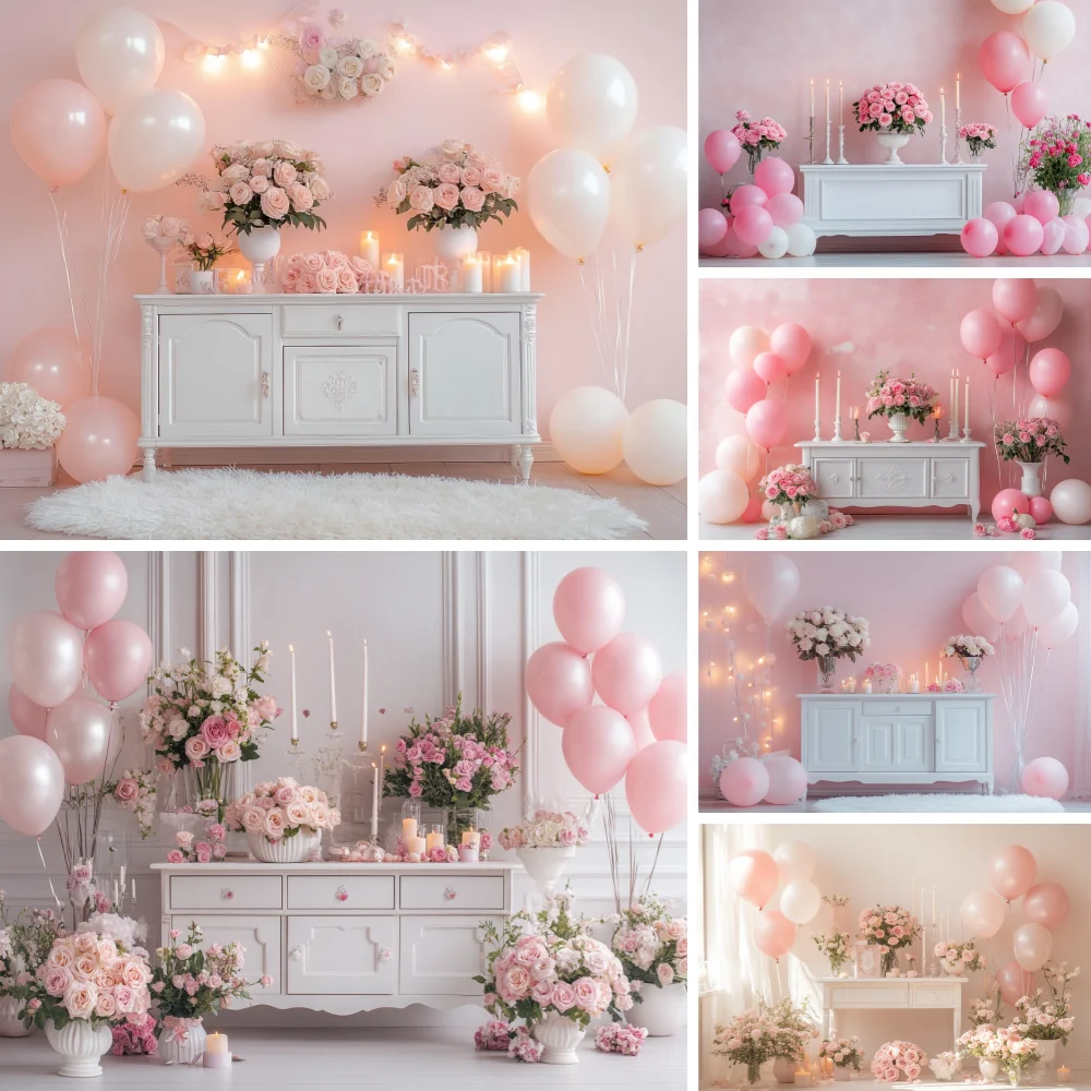 

Valentine's Day Romantic Indoor Photography Backdrop Rose Pink Balloon Candle Couple Dating Decor Background Studio Wallpaper