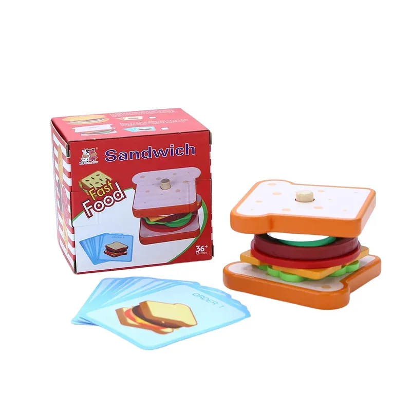 TEMIKIDS الأطفال التظاهر اللعب المطبخ ألعاب خشبية همبرغر ساندويتش محاكاة الغذاء مطابقة ألعاب مونتيسوري التعليمية Sta