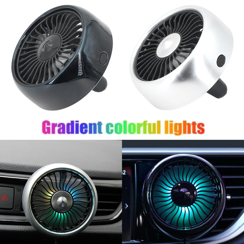 Mini Car Air Vent Cooling Fan - 3-Speed Adjustable Wind, Colorful Ambiance Light, USB Charging and Air Outlet Clip Mount