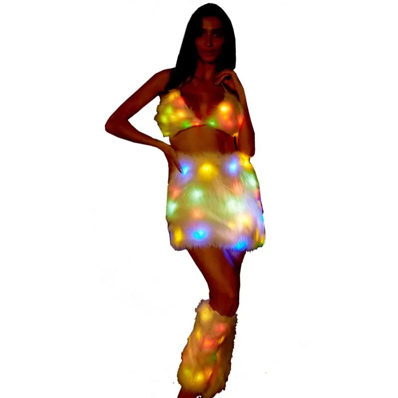 Sexy Women Stage Nightclub Costume LED Light Up Fur Bra Top Skirt Leg Warmer Party Rave Outfit Singer Gogo Dancer Clothes Fancy