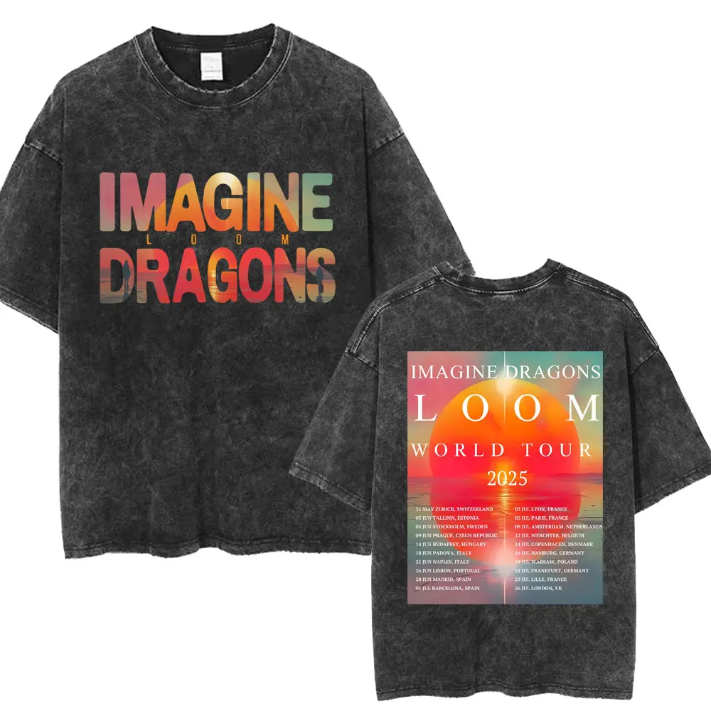 Imagine Dragons Band Loom Tour 2025 Washed T Shirt Men Women Fashion Hip Hop Vintage Tshirt Cotton Loose Popular Street T Shirts