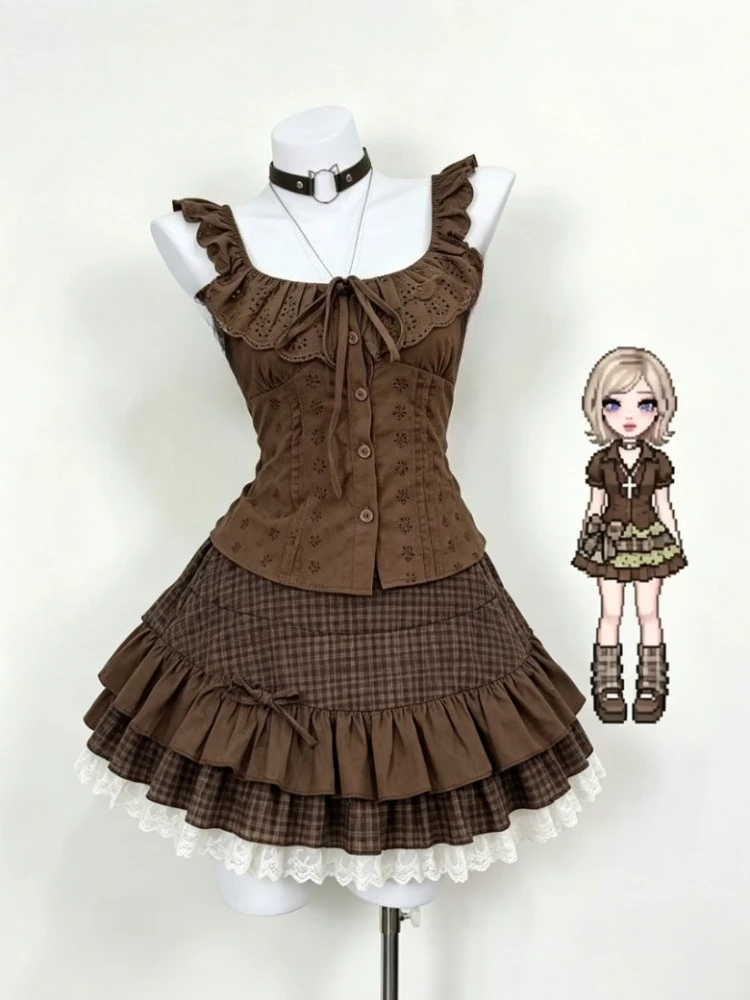 American Vintage 2 Piece Skirt Sets Women Casual Y2k Crop Top Blouse + Mini Skirts Retro Outfits 2026 Summer Japanese Kawaii