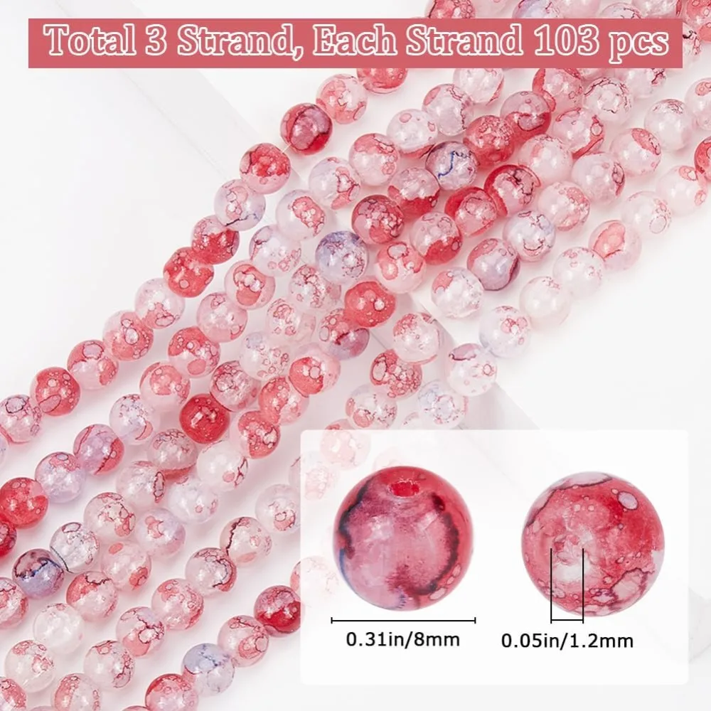 309Pcs 3 Strands Crack Glass Beads 8mm Crackle Bead Bulk Red Blue Flower Printed Floral Pattern Loose Spacer Mini Beads
