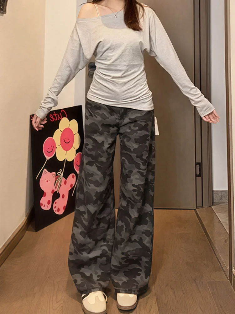 American Sle Camouflage Work Pants Women's plus Size Loose Straight Leg Trousers High Waist Wide Leg Long Trousers