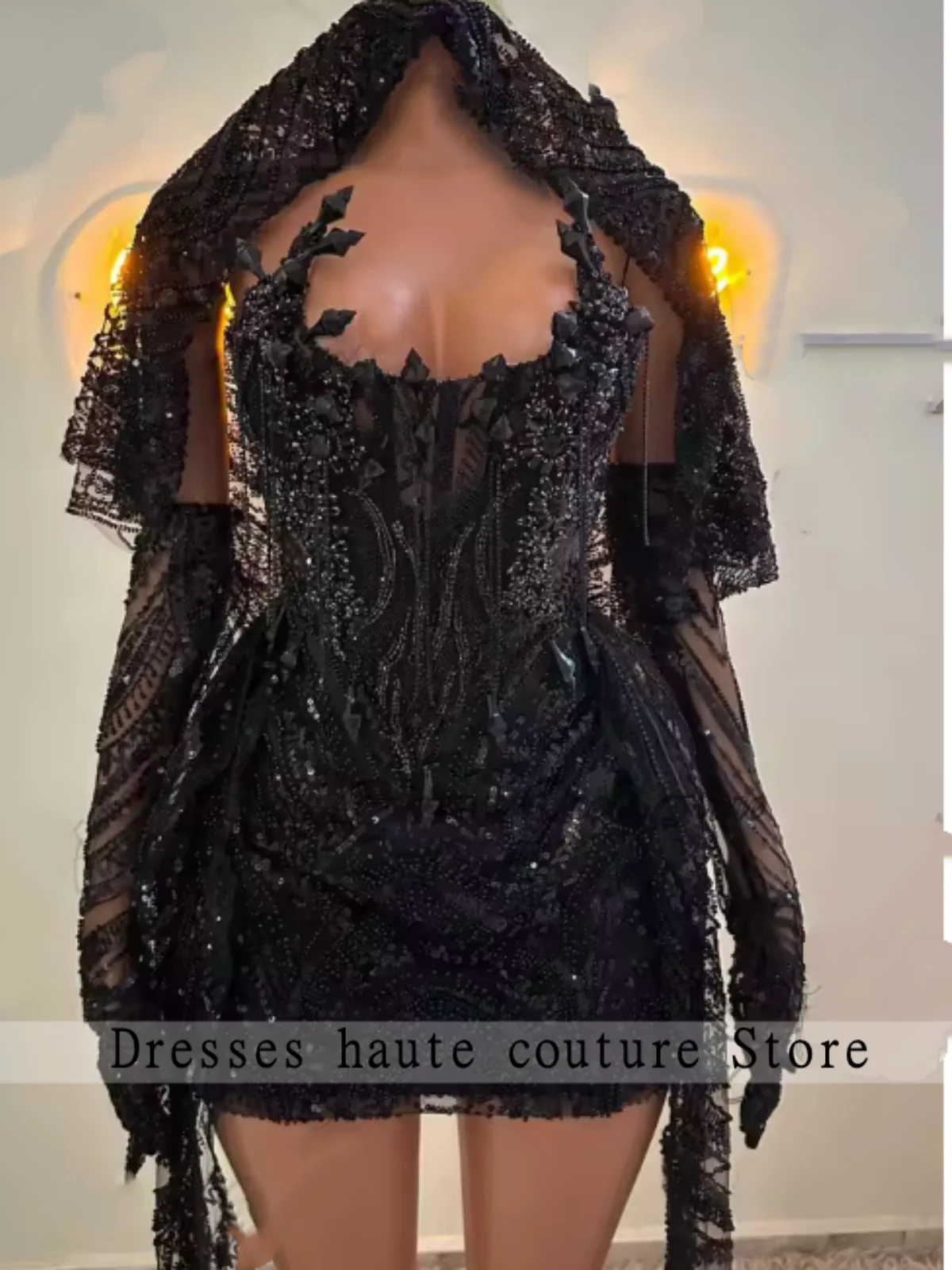 New Customized Shiny Black Luxury Mini Short Prom Dresses With Glove For Black Girl Sparkly Party Gown Mini Cocktail Robe De Bal