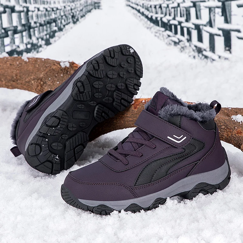 Women Purple Fleece Lined Winter Hiking Boots Velcro Strap Waterproof Upper Non Slip Rugged Outsole WarmOutdoor Ankle Snow Boots