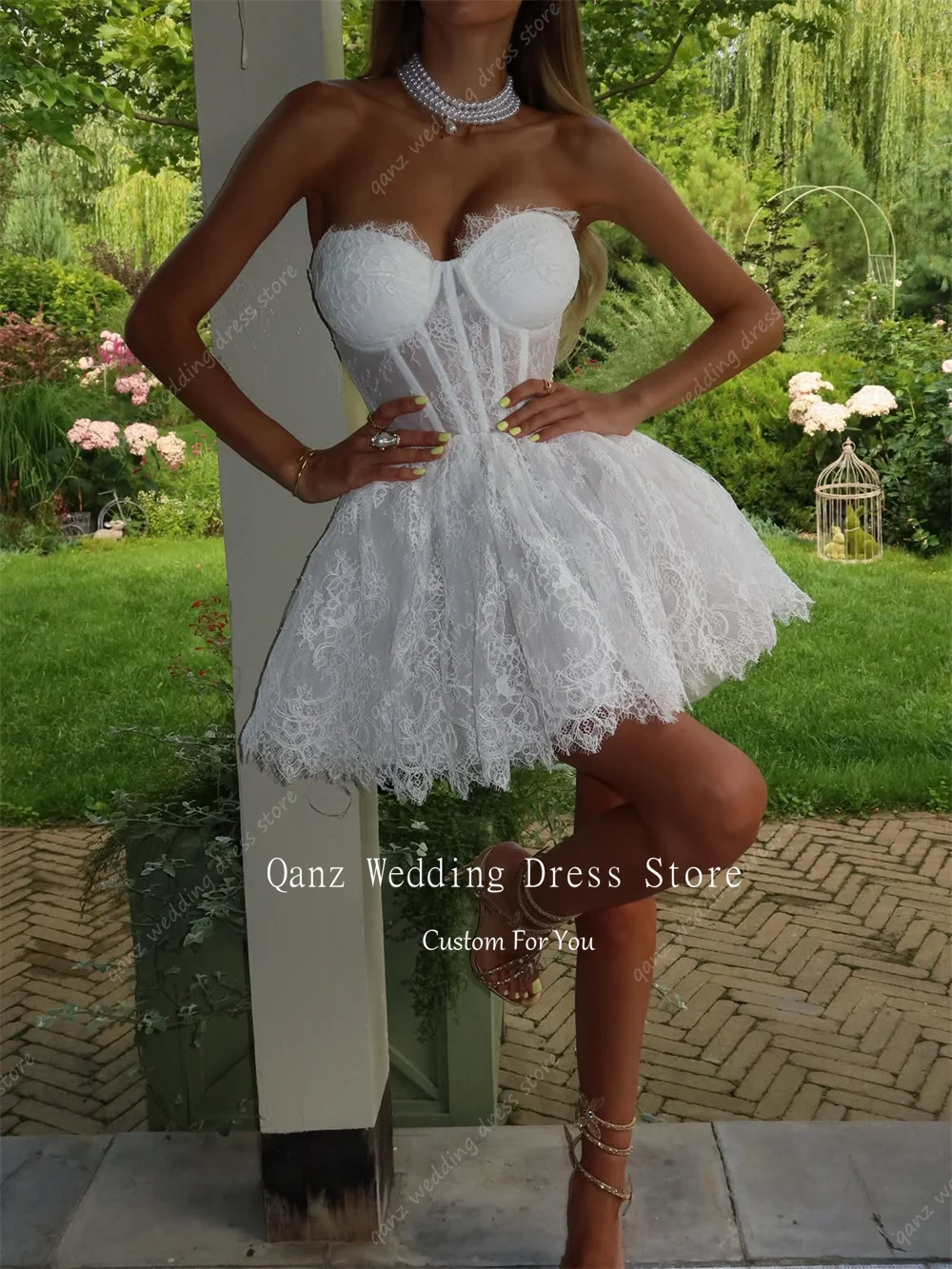 Qanz Delicate Lace Appliques Wedding Party Gown White Sweetheart Wedding Dresses Bride Open Back Vestido De Novia Customized
