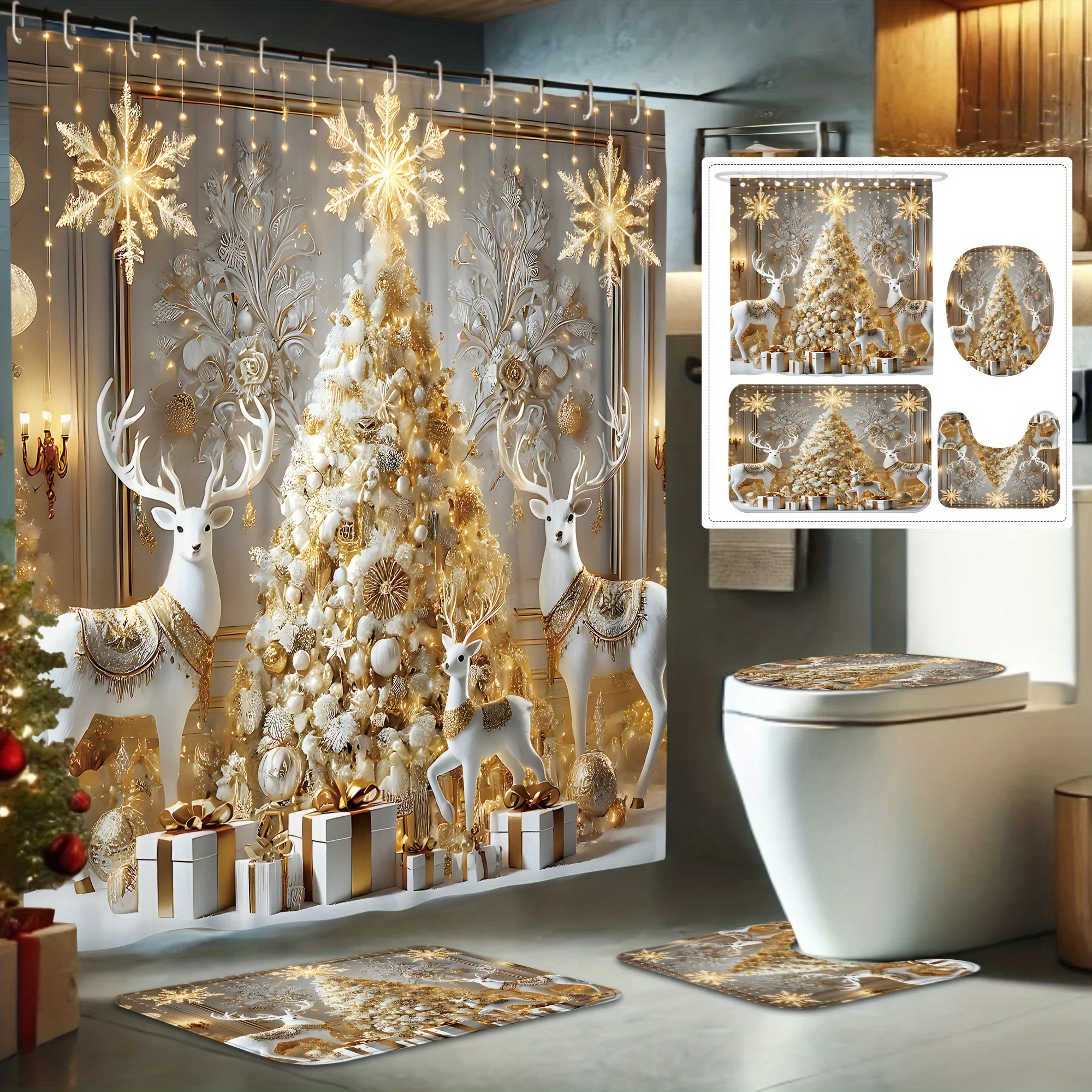 

4pcs Christmas Deer Tree Snowflake Shower Curtain Set with Non-Slip Mat & Toilet Cover, Golden White Cute Washable Xmas Decor