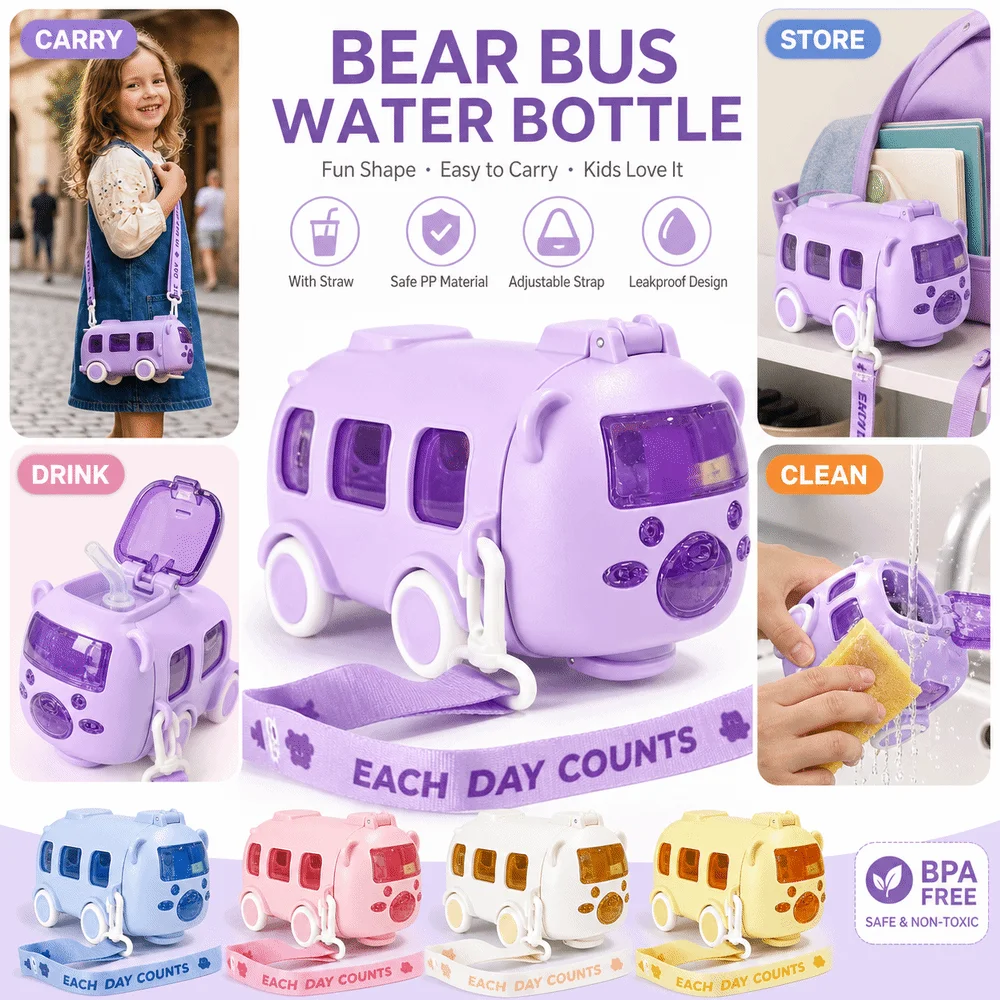 New 500ml Bear Water Bottle Bus Shaped Large Capacity Drinking Bottle Reusable Shoulder Strap Straw Water Cup for Children