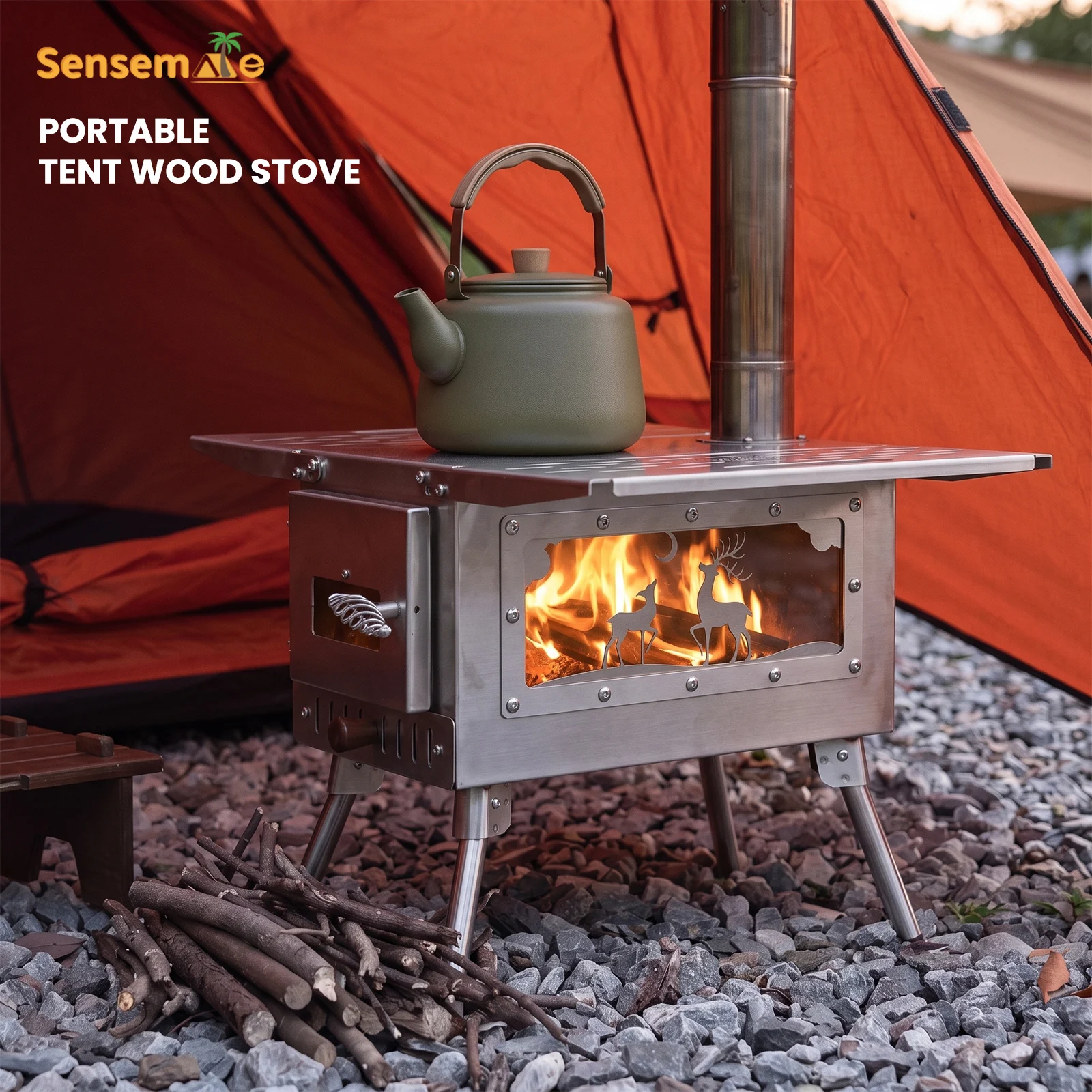 Camping Wood Stove Fire View Side Glass Portable Folding Wood Burner with Chimney Stainless Steel Tent Heater for Ice Fishing