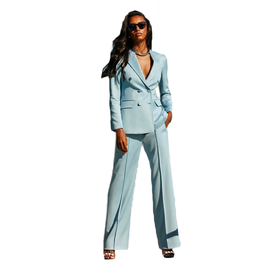 Summer Womens Suits Office Lady Wear Blue Cotton Blazer Slim Fit Peaked Lapel Formal Business 2 Piece Set Jacket Pants for Women