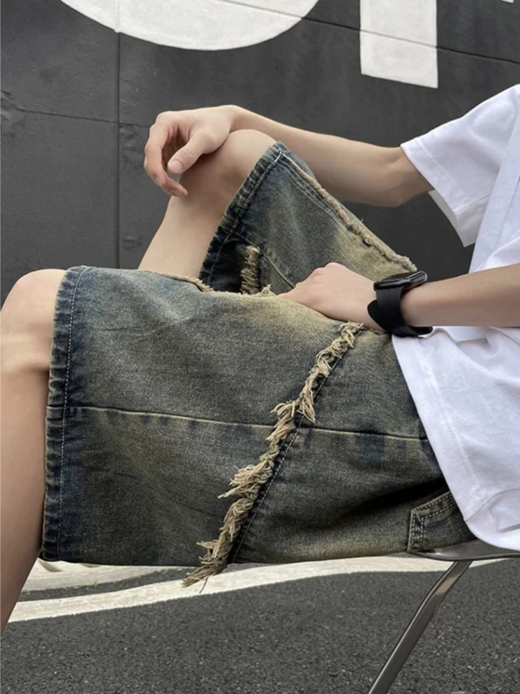 Men's Ripped Denim Shorts 2026 Summer Loose Straight Five Points Pants American Streetwear Vibe Distressed Jean Shorts for Boys
